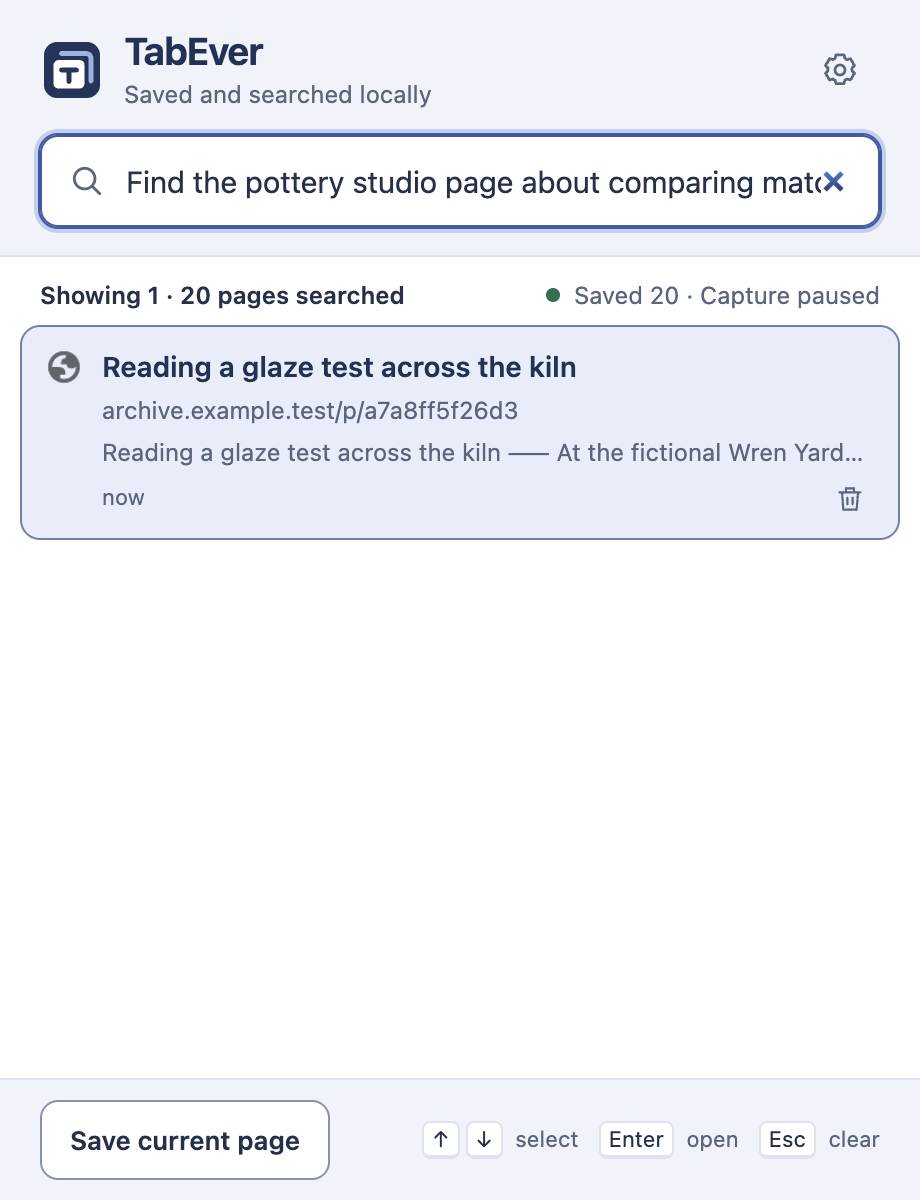 TabEver search interface showing results from sample reading