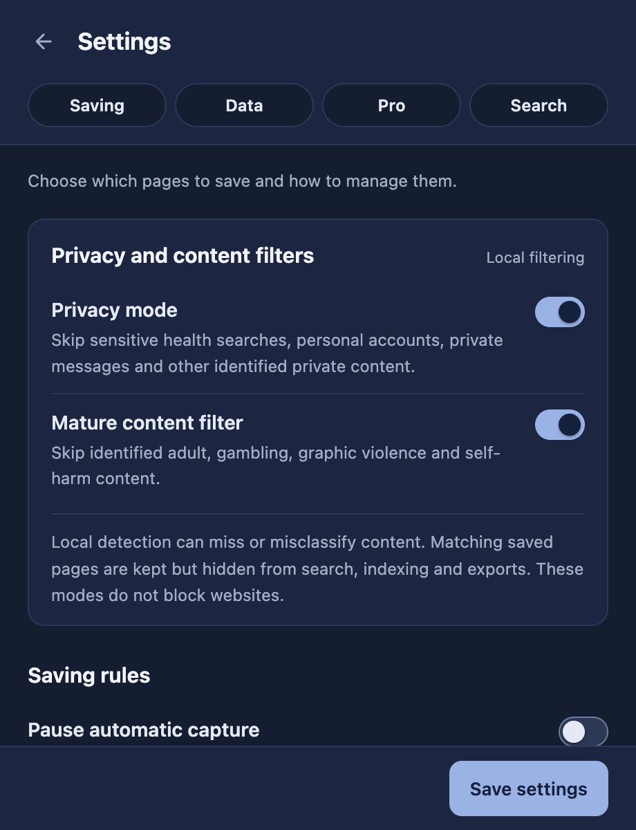 TabEver settings with privacy mode and the mature-content filter enabled
